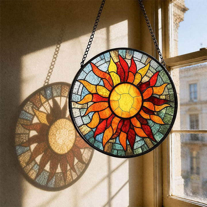 Olivenorma 2D Round Warm Sun Rays Mosaic Stained Glass Sun Catcher - 30cm*30cm - image 0