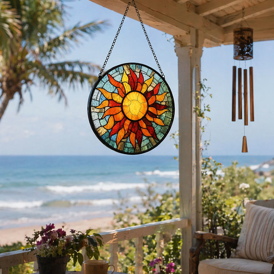 Olivenorma 2D Round Warm Sun Rays Mosaic Stained Glass Sun Catcher - image 1