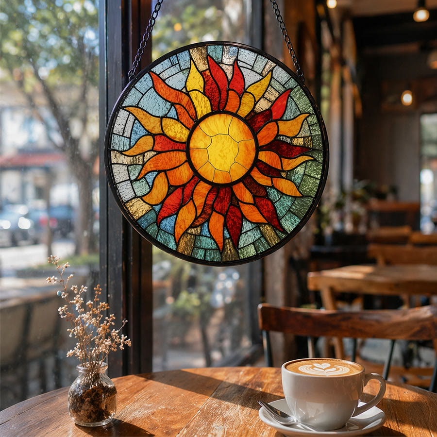 Olivenorma 2D Round Warm Sun Rays Mosaic Stained Glass Sun Catcher - image 4