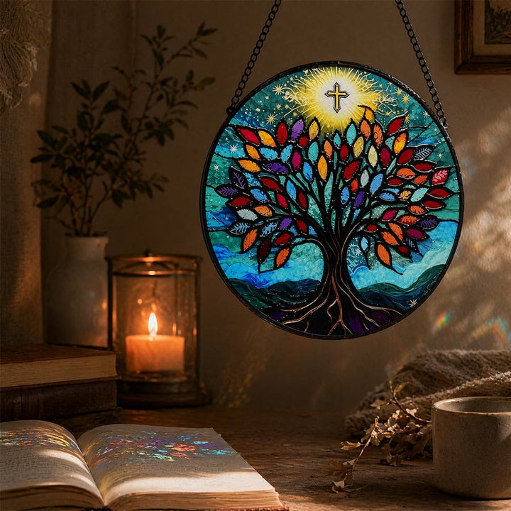 Olivenorma 2D Round Cross Life Of Life Galaxy Mosaic Stained Glass Sun Catcher - image 1