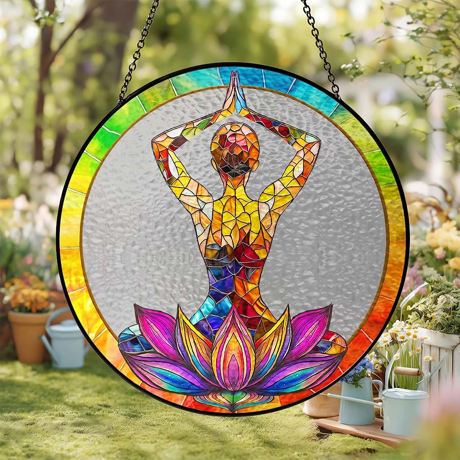 Olivenorma 2D Hands Over Head Meditation Yoga Figure Stained Glass Sun Catcher - 30cm*30cm - image 0
