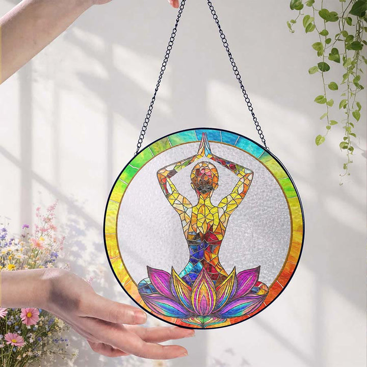 Olivenorma 2D Hands Over Head Meditation Yoga Figure Stained Glass Sun Catcher - image 1