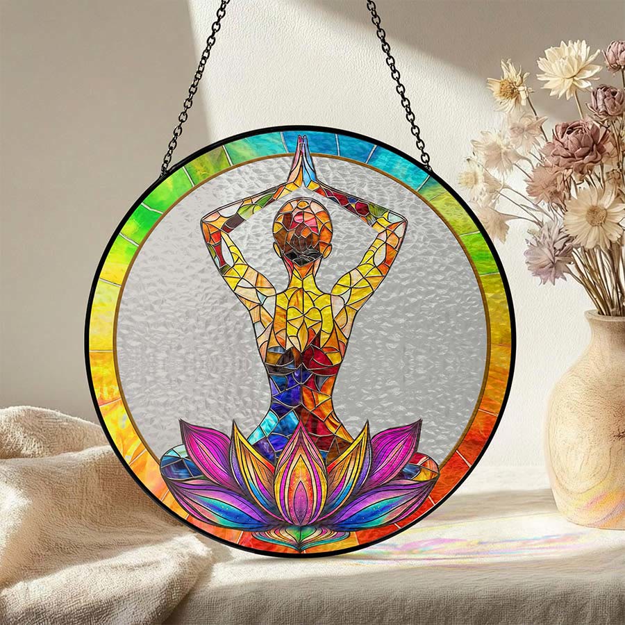 Olivenorma 2D Hands Over Head Meditation Yoga Figure Stained Glass Sun Catcher - image 2