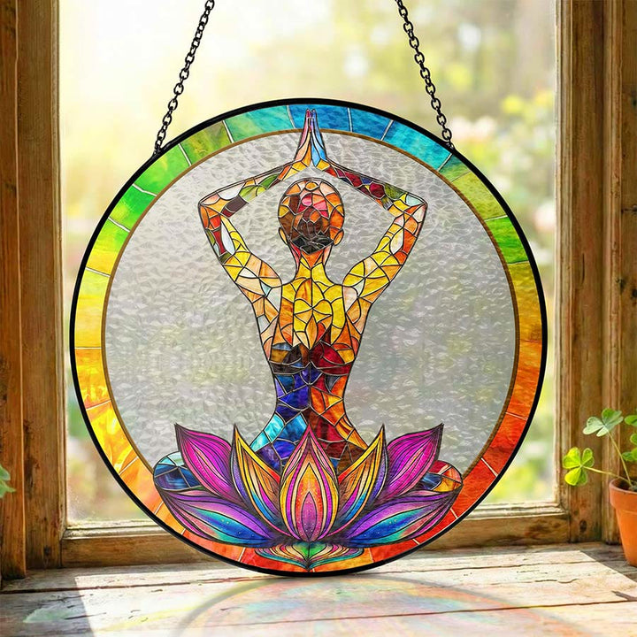 Olivenorma 2D Hands Over Head Meditation Yoga Figure Stained Glass Sun Catcher - image 4