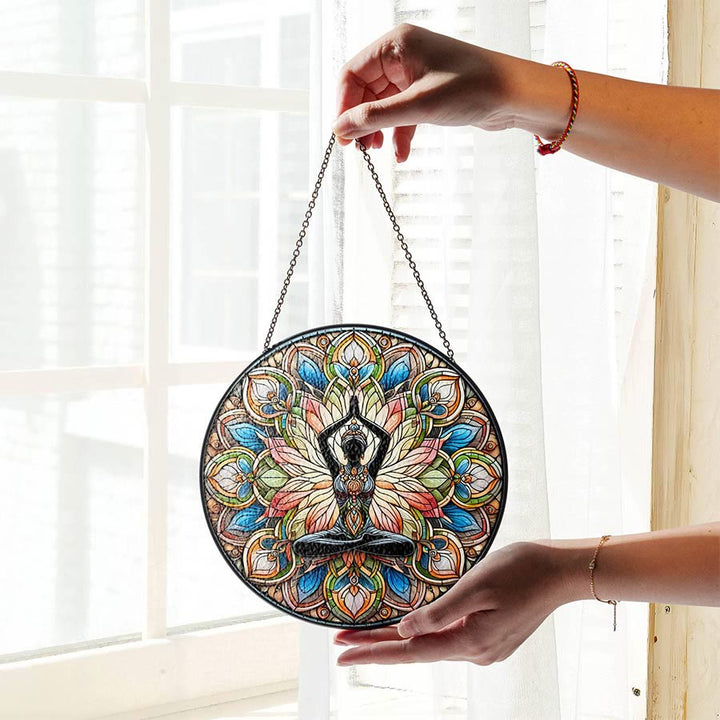 Olivenorma 2D Round Side Stretch Yoga Lady Silhouette Stained Glass Sun Catcher - image 6