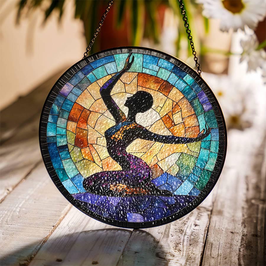 Olivenorma 2D Round Side Stretch Yoga Lady Silhouette Stained Glass Sun Catcher - Warm Side Yoga - 30cm*30cm - image 2