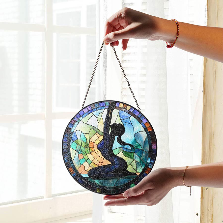 Olivenorma 2D Round Side Stretch Yoga Lady Silhouette Stained Glass Sun Catcher - image 1