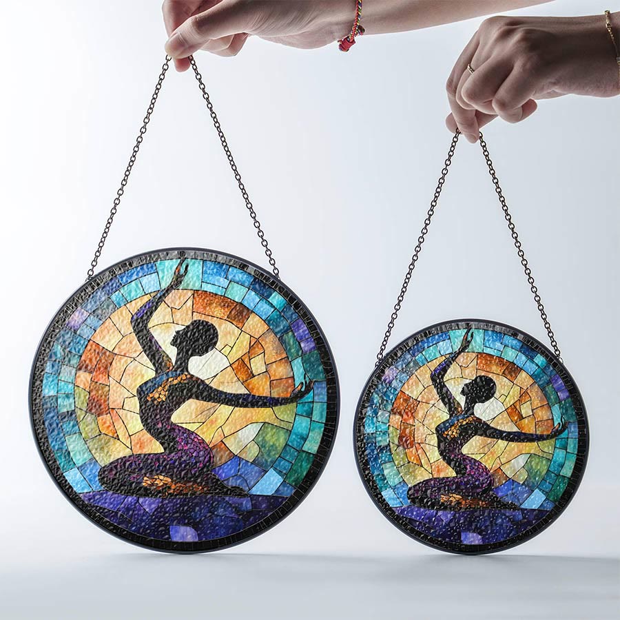 Olivenorma 2D Round Side Stretch Yoga Lady Silhouette Stained Glass Sun Catcher - image 3