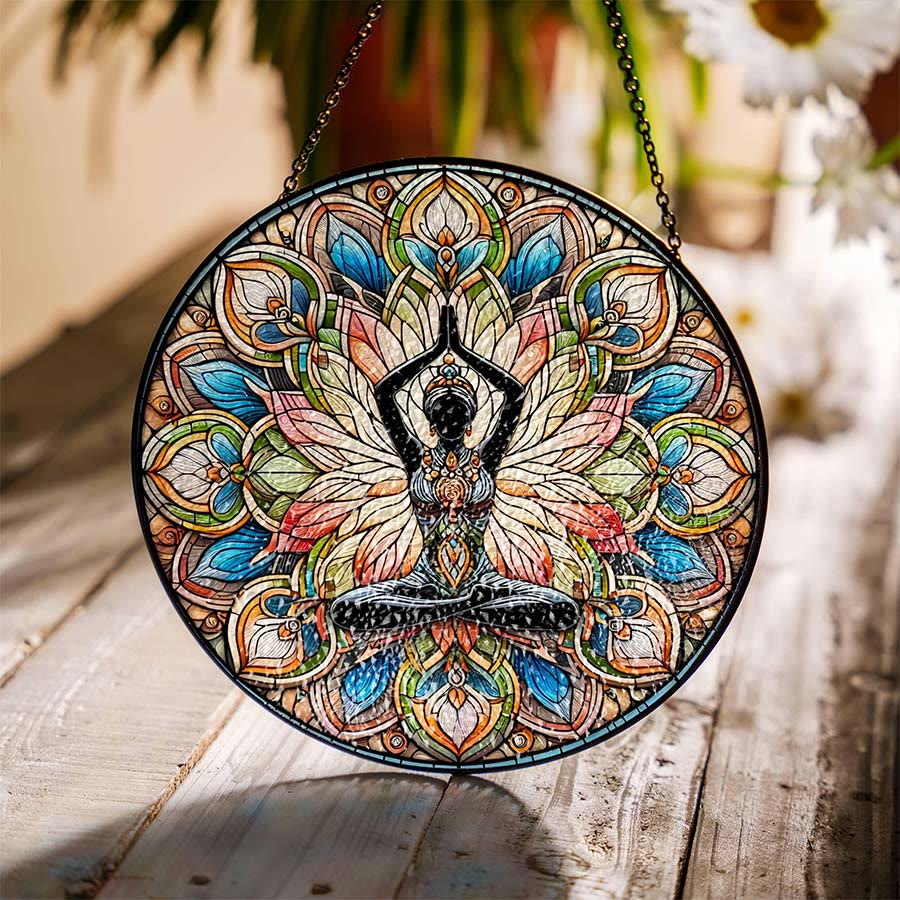 Olivenorma 2D Round Side Stretch Yoga Lady Silhouette Stained Glass Sun Catcher - Lotus Yoga - 30cm*30cm - image 5