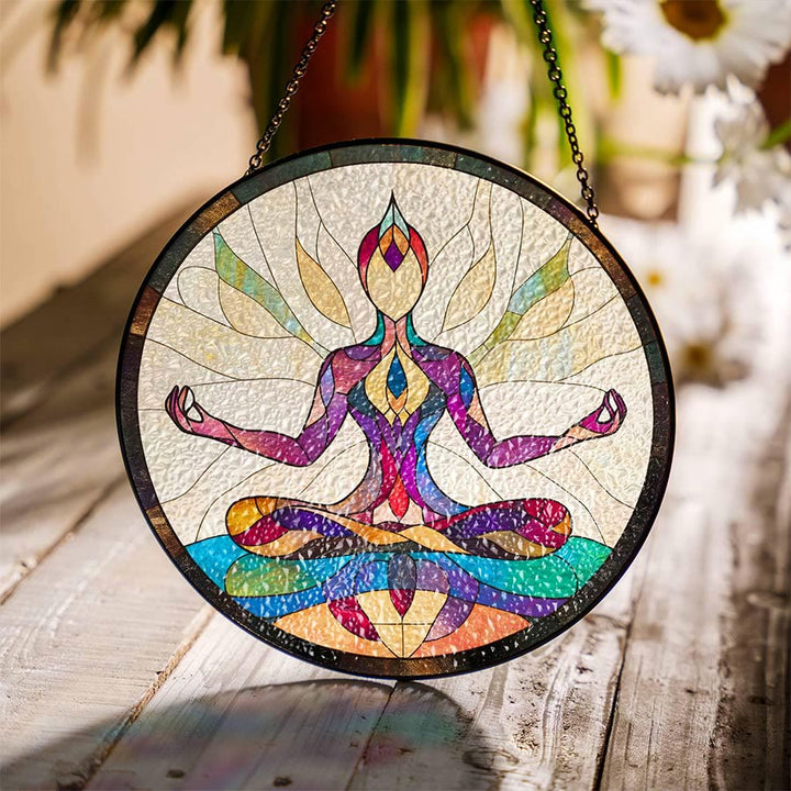 Olivenorma 2D Round Side Stretch Yoga Lady Silhouette Stained Glass Sun Catcher - Lotus Meditation - 30cm*30cm - image 7