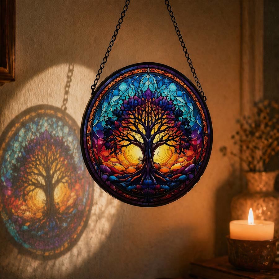 Olivenorma 2D Round Sunset Dual Sun Life Of Tree Mosaic Stained Glass Sun Catcher - image 1
