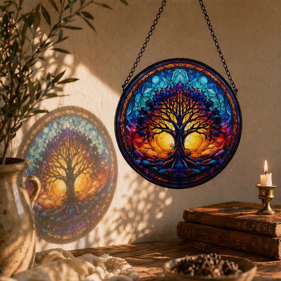 Olivenorma 2D Round Sunset Dual Sun Life Of Tree Mosaic Stained Glass Sun Catcher - image 3