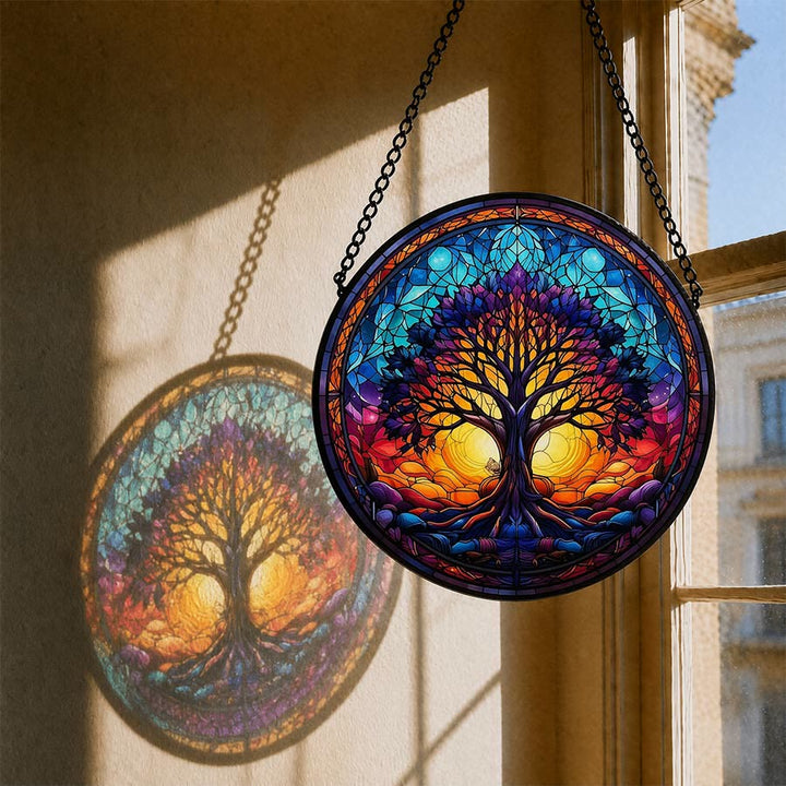 Olivenorma 2D Round Sunset Dual Sun Life Of Tree Mosaic Stained Glass Sun Catcher - 30cm*30cm - image 0
