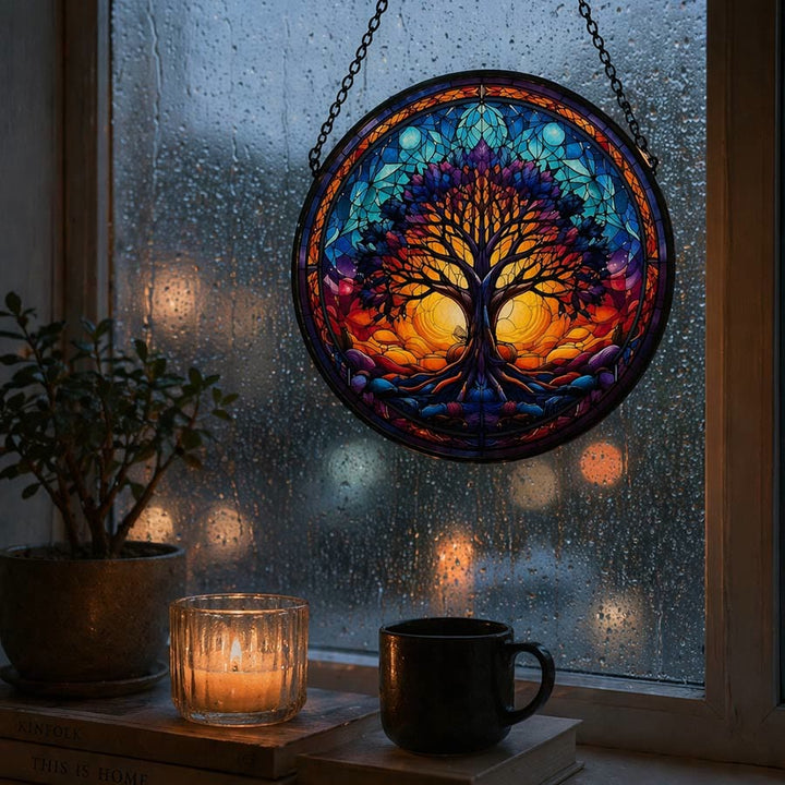 Olivenorma 2D Round Sunset Dual Sun Life Of Tree Mosaic Stained Glass Sun Catcher - image 5