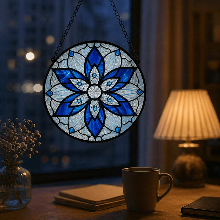 Olivenorma 2D Round Blue Lotus Mandala Evil Eye Mosaic Stained Glass Sun Catcher - image 5