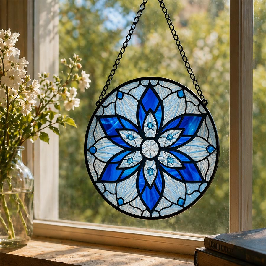 Olivenorma 2D Round Blue Lotus Mandala Evil Eye Mosaic Stained Glass Sun Catcher - 30cm*30cm - image 0