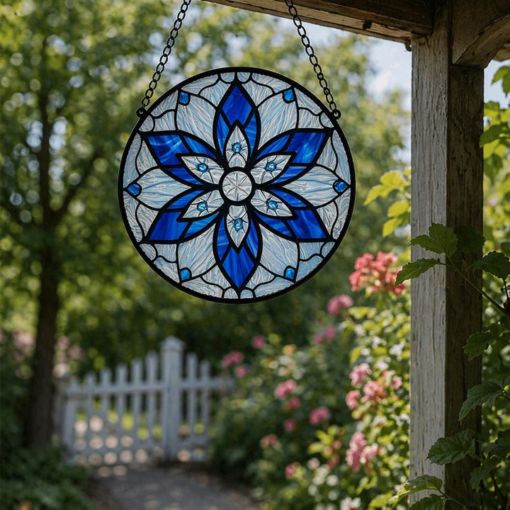 Olivenorma 2D Round Blue Lotus Mandala Evil Eye Mosaic Stained Glass Sun Catcher - image 2