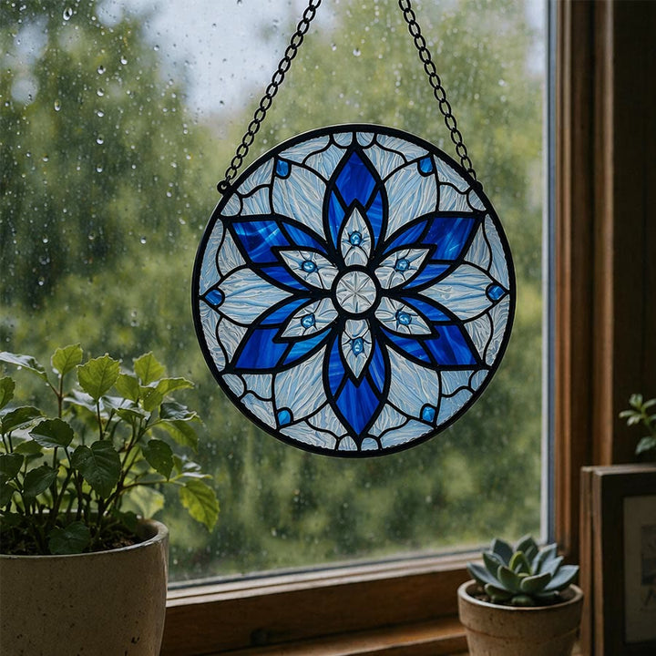 Olivenorma 2D Round Blue Lotus Mandala Evil Eye Mosaic Stained Glass Sun Catcher - image 4