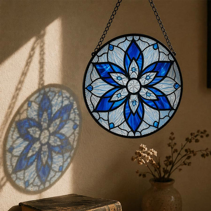 Olivenorma 2D Round Blue Lotus Mandala Evil Eye Mosaic Stained Glass Sun Catcher - image 3