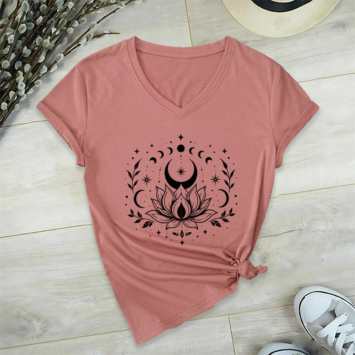 Olivenorma Front Back Dual Print Moon Lotus Spiritual Graphic Women's V Neck T-Shirt - Pink - 2XL - image 20