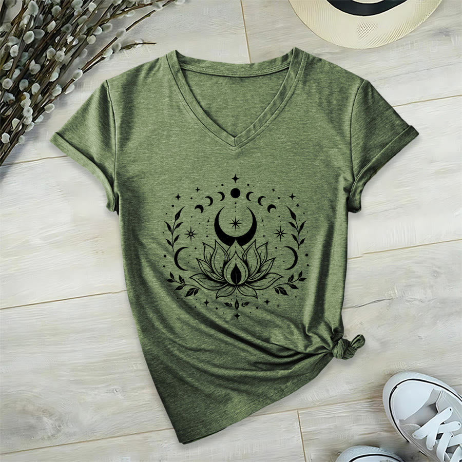 Olivenorma Front Back Dual Print Moon Lotus Spiritual Graphic Women's V Neck T-Shirt - Olive Green - 2XL - image 10