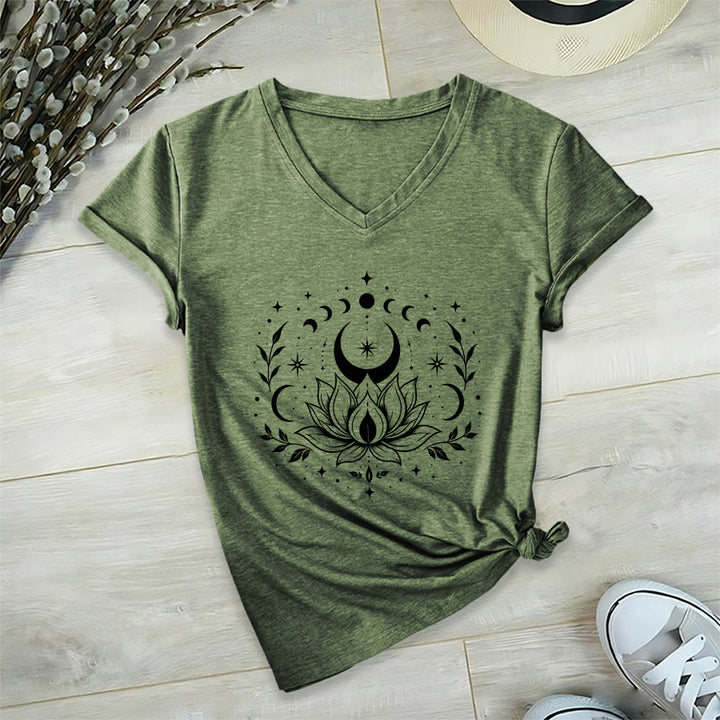 Olivenorma Front Back Dual Print Moon Lotus Spiritual Graphic Women's V Neck T-Shirt - Olive Green - 2XL - image 10