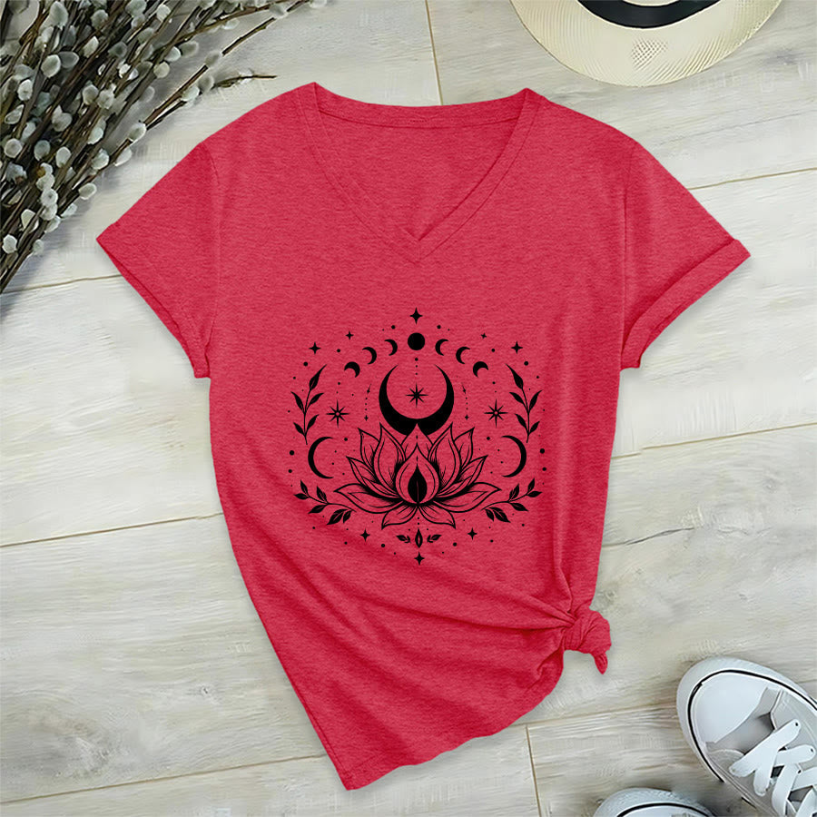 Olivenorma Front Back Dual Print Moon Lotus Spiritual Graphic Women's V Neck T-Shirt - Red - 2XL - image 45