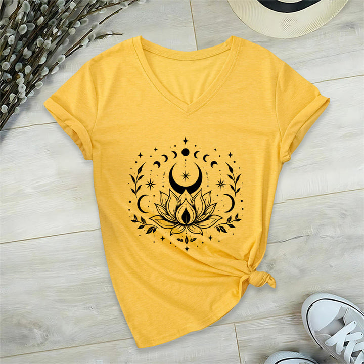 Olivenorma Front Back Dual Print Moon Lotus Spiritual Graphic Women's V Neck T-Shirt - Yellow - 2XL - image 50