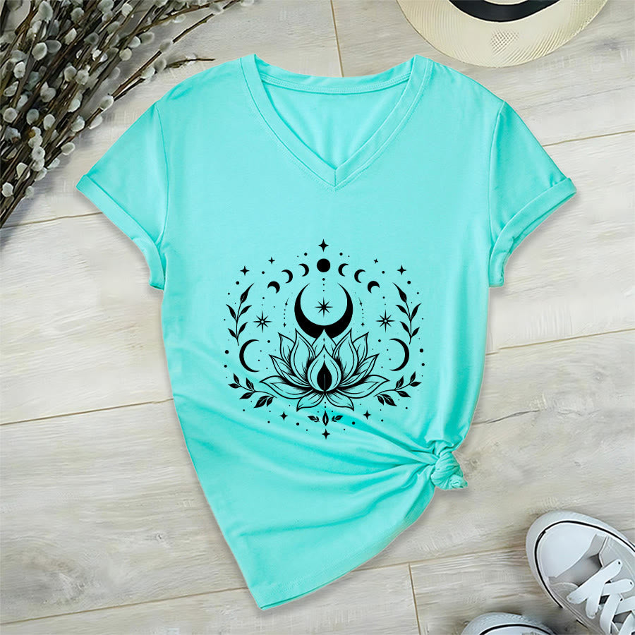 Olivenorma Front Back Dual Print Moon Lotus Spiritual Graphic Women's V Neck T-Shirt - Lake Blue - 2XL - image 25