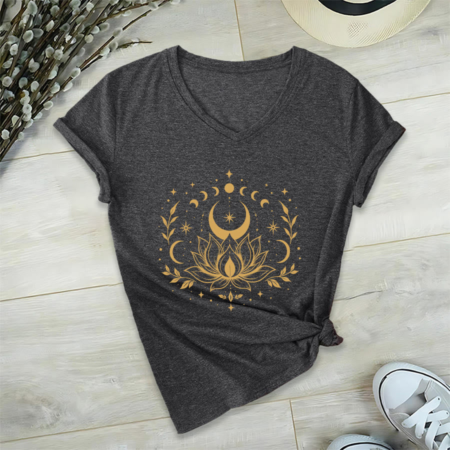 Olivenorma Front Back Dual Print Moon Lotus Spiritual Graphic Women's V Neck T-Shirt - Gray - 2XL - image 35