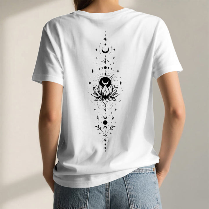 Olivenorma Front Back Dual Print Moon Lotus Spiritual Graphic Women's V Neck T-Shirt - image 44