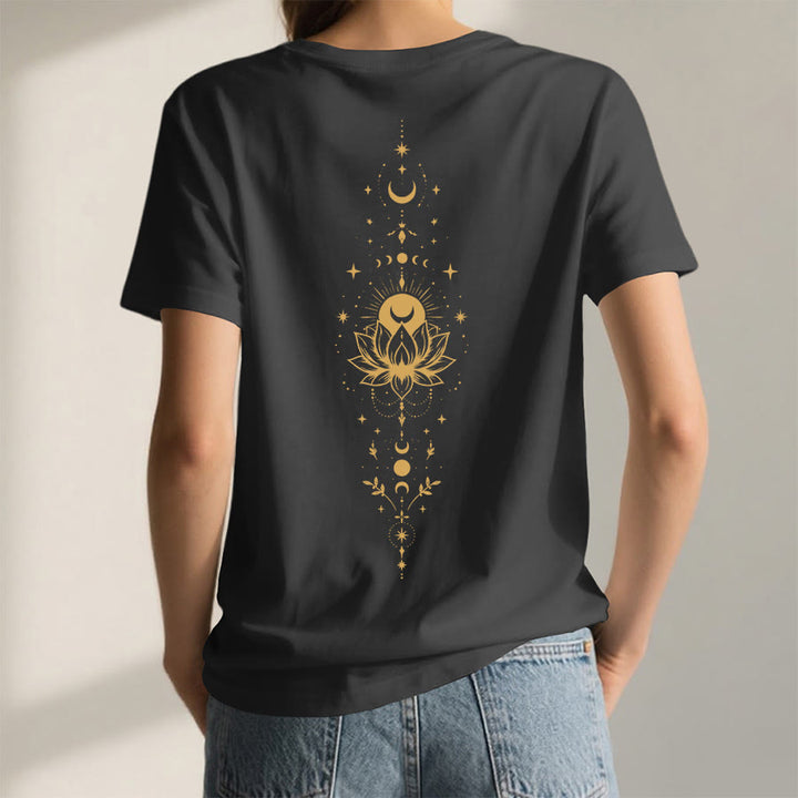 Olivenorma Front Back Dual Print Moon Lotus Spiritual Graphic Women's V Neck T-Shirt - image 39