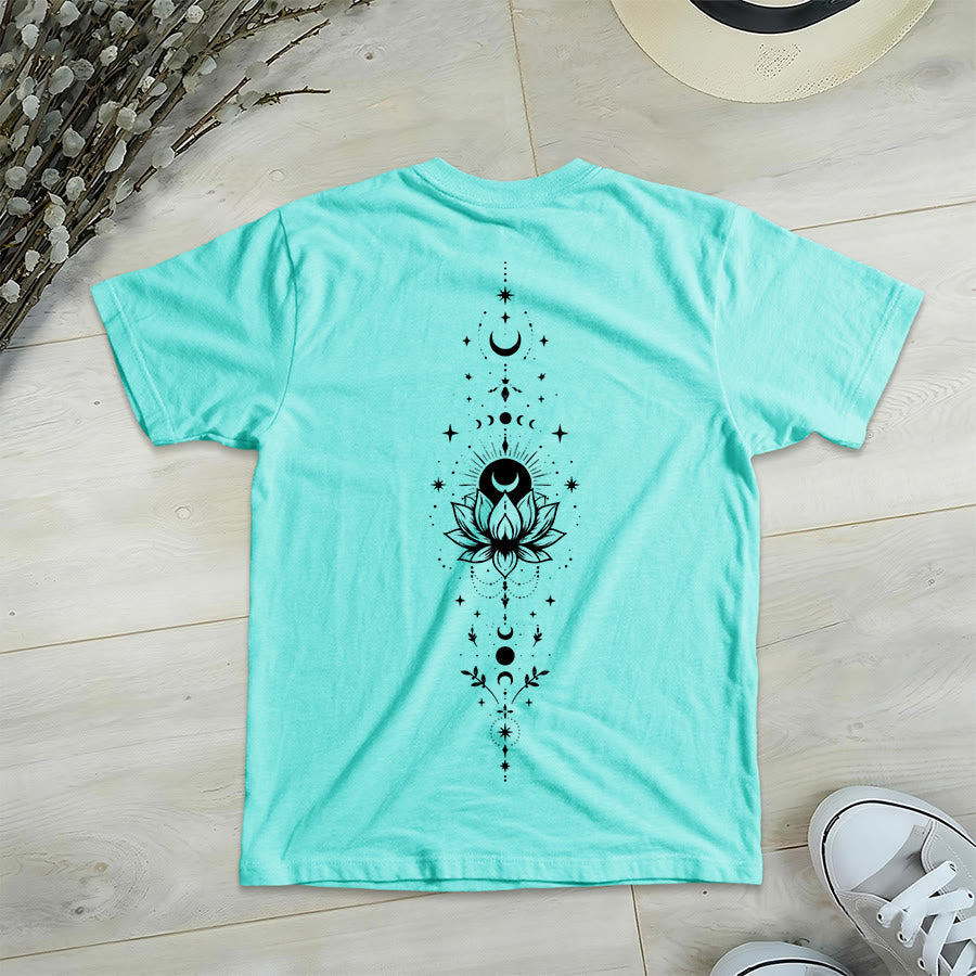 Olivenorma Front Back Dual Print Moon Lotus Spiritual Graphic Women's V Neck T-Shirt - image 26