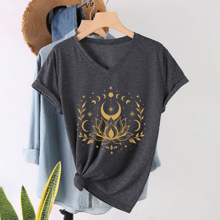 Olivenorma Front Back Dual Print Moon Lotus Spiritual Graphic Women's V Neck T-Shirt - image 37