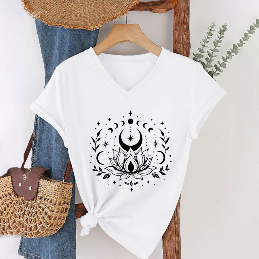 Olivenorma Front Back Dual Print Moon Lotus Spiritual Graphic Women's V Neck T-Shirt - image 42