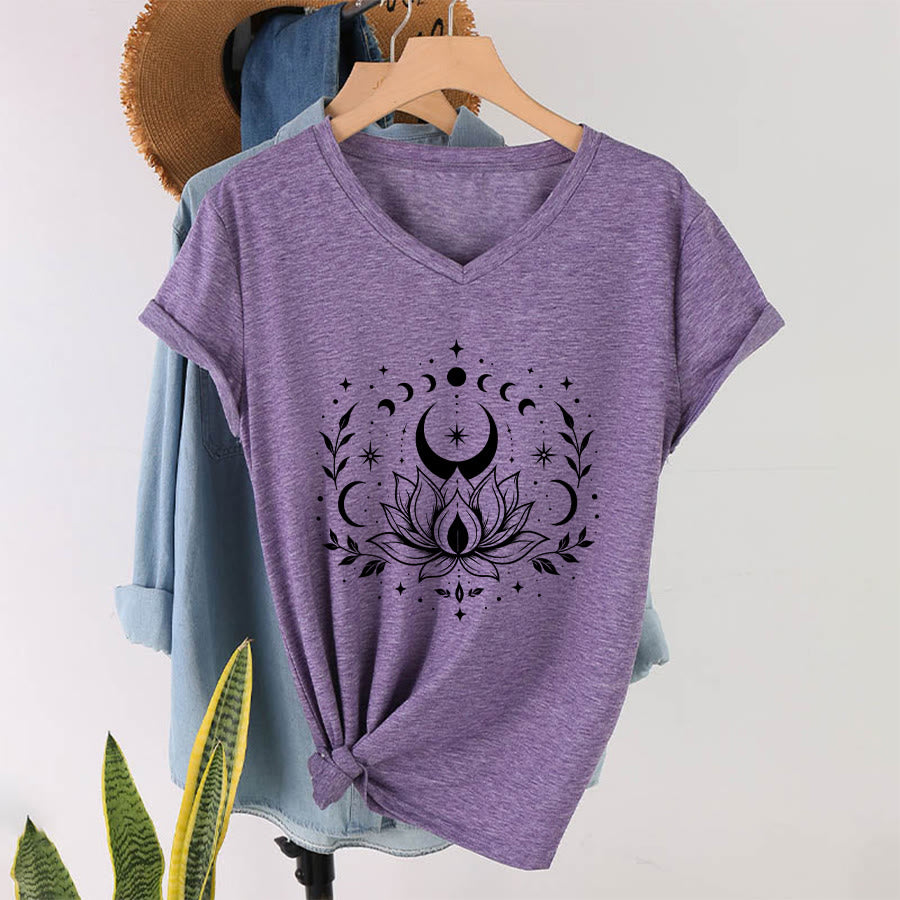 Olivenorma Front Back Dual Print Moon Lotus Spiritual Graphic Women's V Neck T-Shirt - image 62