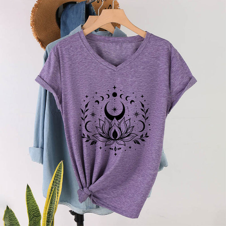 Olivenorma Front Back Dual Print Moon Lotus Spiritual Graphic Women's V Neck T-Shirt - image 62
