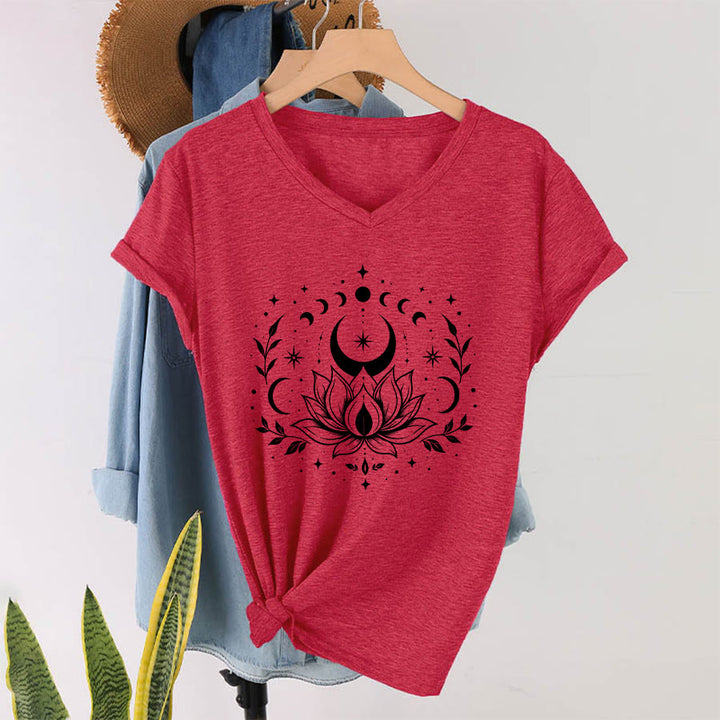 Olivenorma Front Back Dual Print Moon Lotus Spiritual Graphic Women's V Neck T-Shirt - image 47