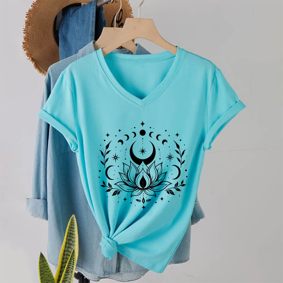 Olivenorma Front Back Dual Print Moon Lotus Spiritual Graphic Women's V Neck T-Shirt - image 27