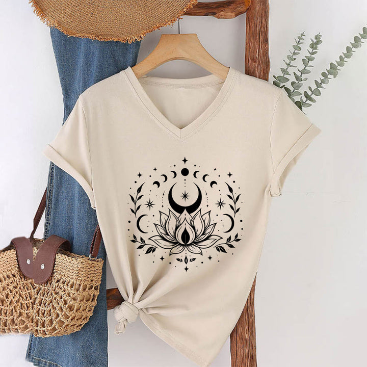 Olivenorma Front Back Dual Print Moon Lotus Spiritual Graphic Women's V Neck T-Shirt - image 17