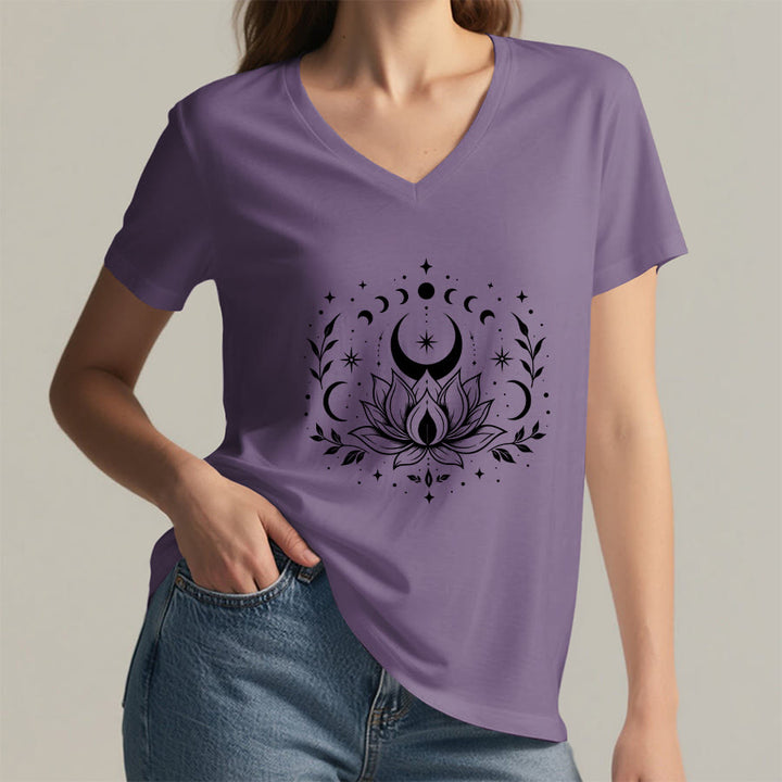 Olivenorma Front Back Dual Print Moon Lotus Spiritual Graphic Women's V Neck T-Shirt - image 63