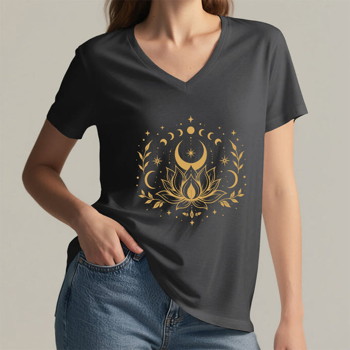Olivenorma Front Back Dual Print Moon Lotus Spiritual Graphic Women's V Neck T-Shirt - image 38