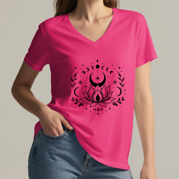 Olivenorma Front Back Dual Print Moon Lotus Spiritual Graphic Women's V Neck T-Shirt - image 58