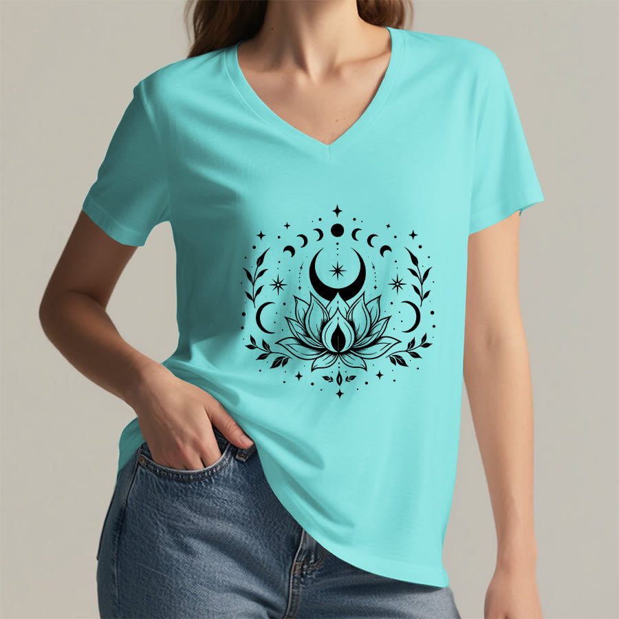Olivenorma Front Back Dual Print Moon Lotus Spiritual Graphic Women's V Neck T-Shirt - image 28