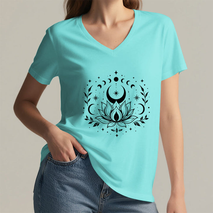 Olivenorma Front Back Dual Print Moon Lotus Spiritual Graphic Women's V Neck T-Shirt - image 28
