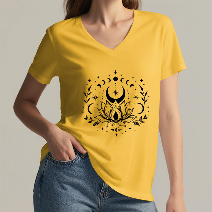 Olivenorma Front Back Dual Print Moon Lotus Spiritual Graphic Women's V Neck T-Shirt - image 53