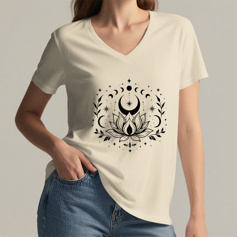 Olivenorma Front Back Dual Print Moon Lotus Spiritual Graphic Women's V Neck T-Shirt - image 18