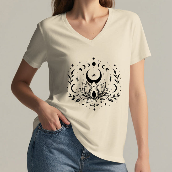 Olivenorma Front Back Dual Print Moon Lotus Spiritual Graphic Women's V Neck T-Shirt - image 18