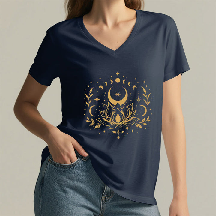 Olivenorma Front Back Dual Print Moon Lotus Spiritual Graphic Women's V Neck T-Shirt - image 3