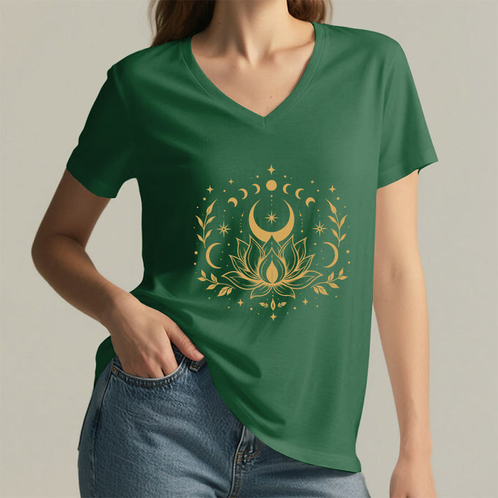 Olivenorma Front Back Dual Print Moon Lotus Spiritual Graphic Women's V Neck T-Shirt - image 8